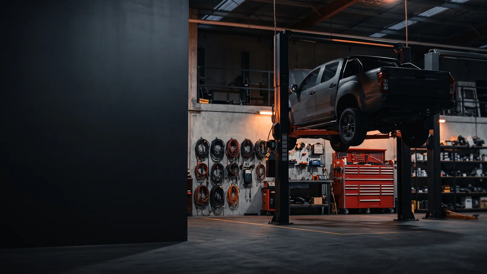 Auto-electrical workshop bay at dusk with a ute on a hoist